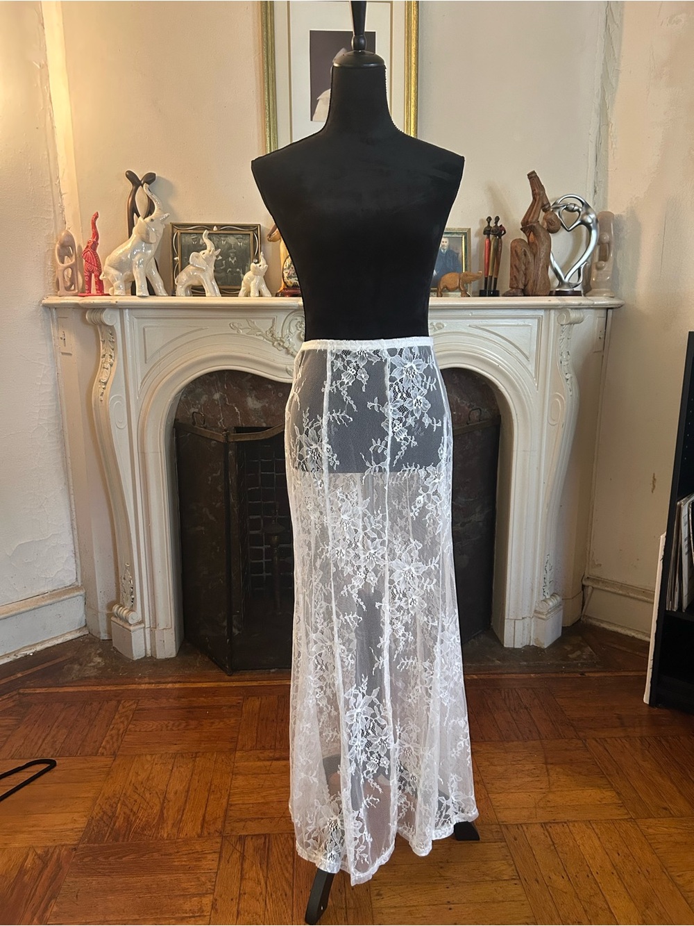 White Lace Maxi Skirt - Sheer Floral Overlay